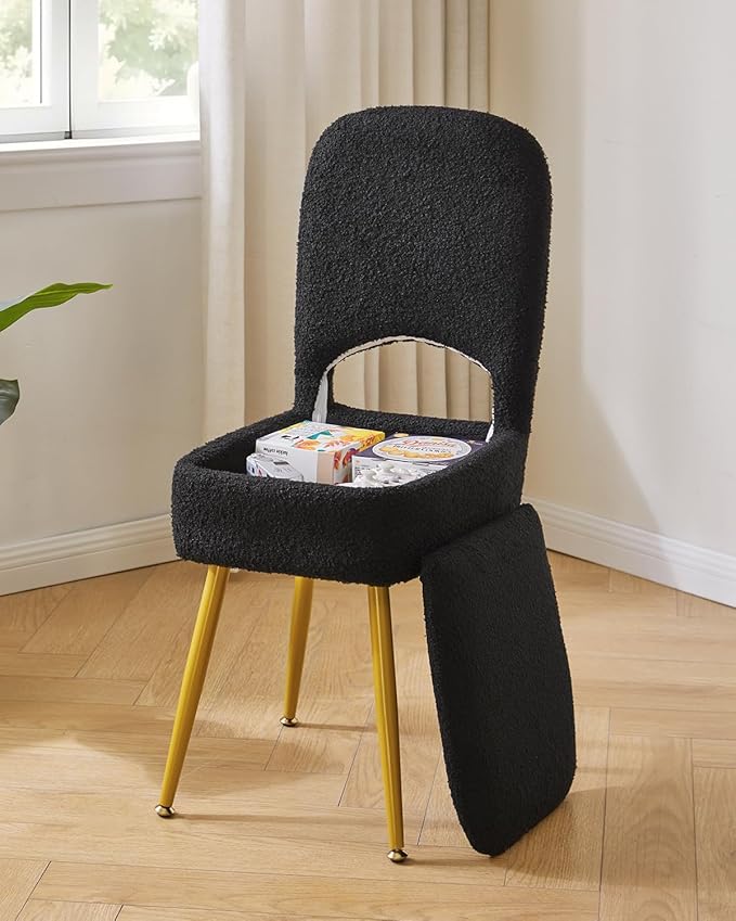 IBUYKE Small Storage Vanity Stool with Folding Backrest, 12.99" x 13.78" x 31.5" Square Teddy Velvet Ottoman, Makeup Chair for Living Room, 4 Metal Legs with Anti-Slip Feet, Black WBD027B