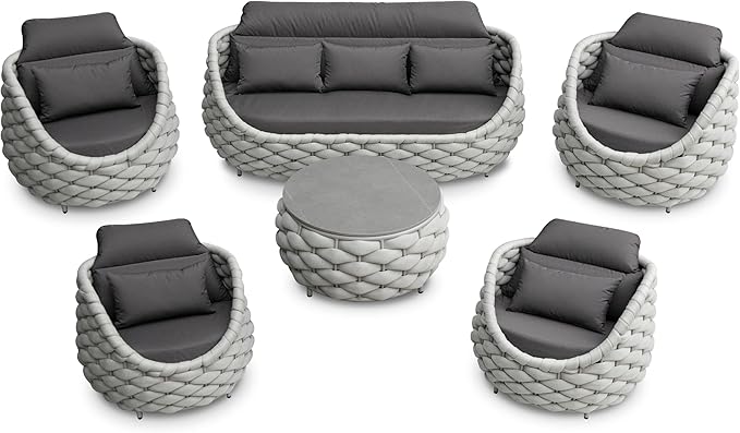 Erotr 6 Pieces Rope Patio Furniture Set: Aluminum Outdoor Couch Set Cushioned - Assembled Conversation Sofa Set Modern - Metal Porch Seating for 7 Person - All Weather for Deck Garden Poolside Hotel