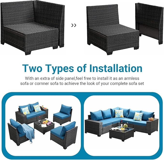 SunloungeCo Patio Furniture Set, 6 Pieces Outdoor Couch Sofa with Wider Armrests & Glass Coffee Table, Outdoor Sectional Furniture with Thick Cushions for Party, Poolside,Garden-Peacock