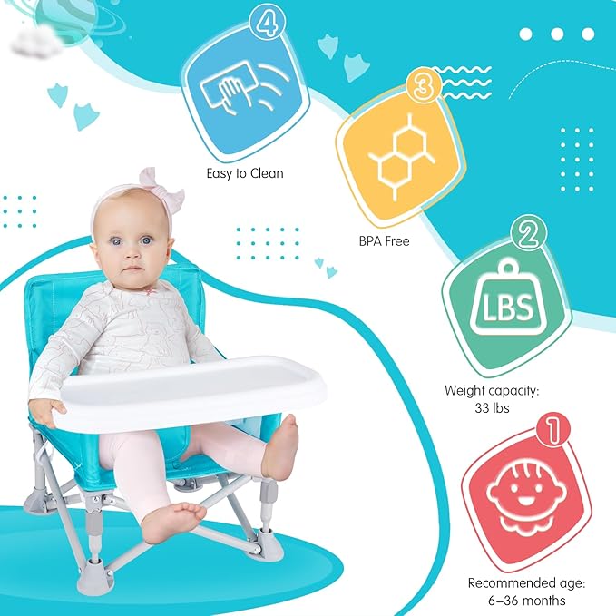 Furmubei Portable Baby Booster Seat with Tray, Toddler Booster seat for Dining, Camping, Travel, Baby Beach Chair 6 Months to 3 Years Old Indoor Outdoor Use Cyan