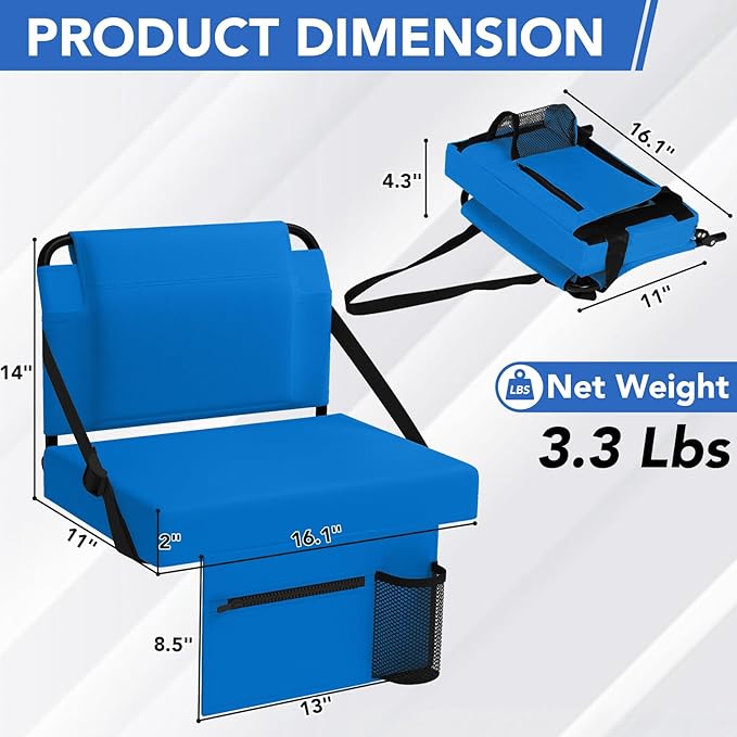 Stadium Seat 2 Pack for Bleachers with Back Support,Portable Bleacher Chairs with Back and Cushion，Blue