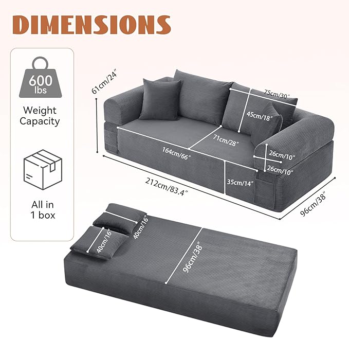 83" Sofa in a Box, 3 Seater Couch No Assembly Boneless Sofa Bed with Cushion Back 2 Pillows Deep Seat Corduroy Fabric Side Storage Pockets for Living Room, Bedroom, Apartment, Office, Deep Grey