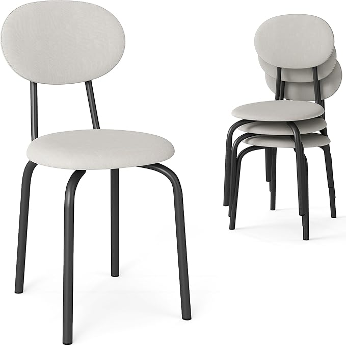 Stackable Dining Chairs Set of 4, Stackable Waiting Room Chairs, Stacking Kitchen Chairs with Upholstered Back and Seat with Dense Foam Cushions, Steel Frame with 400 Lb. Capacity, Beige