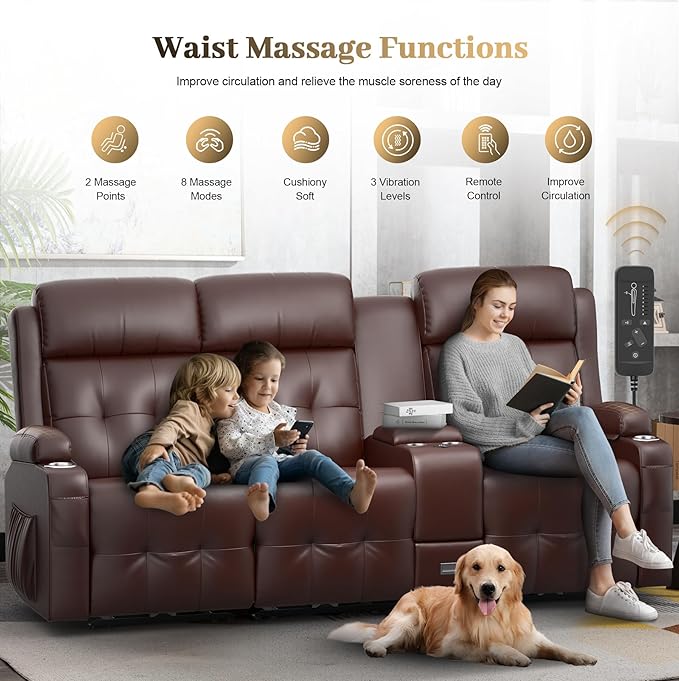 Recliner Sofa, 3 Sets of Massage Reclining 3 Seater Sofa Sets Heavy Weight Capacity, RV Loveseat Couch Clearance with Console, USB, Type C Port, Storage, Cup Holders, Wall Hugger Chair for Living Room