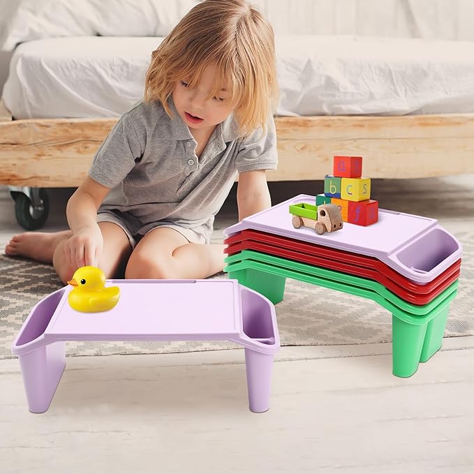 6 Pcs Kids Lap Desk Tray, Plastic Breakfast Lap Desk Trays with Storage Slots, Portable Stackable Lap Tray Tables for Writing Drawing Classroom, 19.69" L x 9.84" W x 7.1" H (Red+Green+Purple)