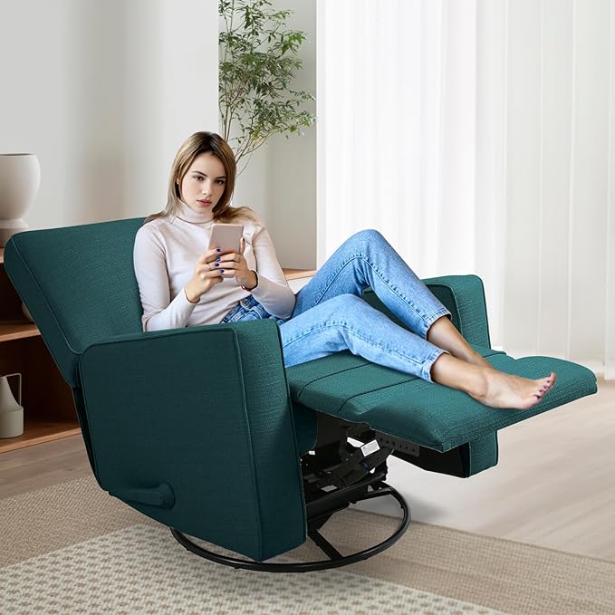 KeyEnergy Swivel Rocker Recliner Chair for Adults, High Back Fabric Recliner with Deep Seat, Manual Glider for Living Room & Nursery, Green