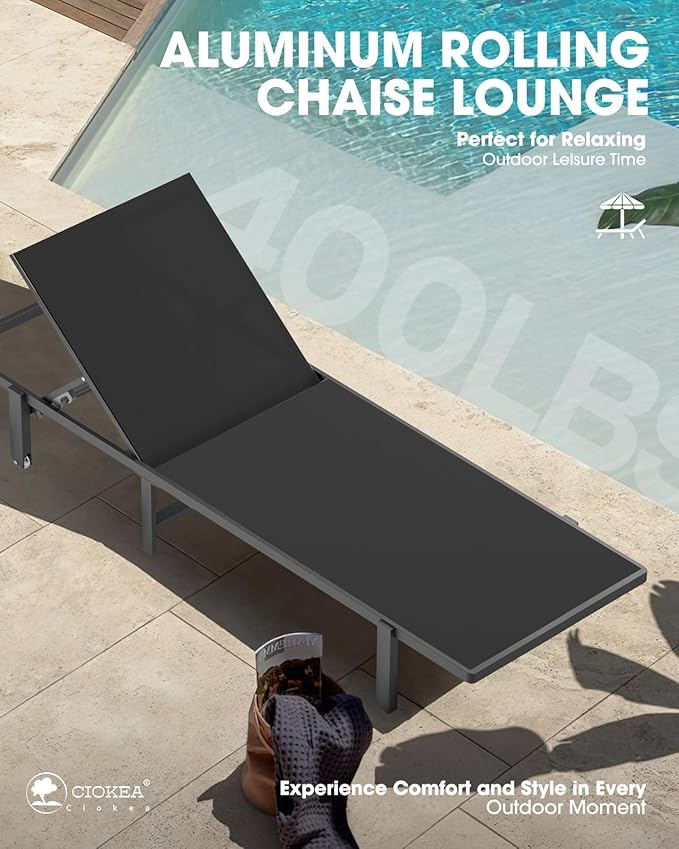 Ciokea Aluminum Chaise Lounge Chair Outdoor with Wheels, Patio Lounge Chair with Adjustable 5-Position Recliner and Full Flat Tanning Chair for Patio, Beach, Pool, Black