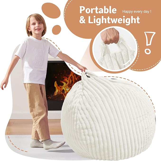 Homguava 2FT Bean Bag Chair, 2' Small Bean Bags with Memory Foam Filled, Beanbag Chairs with Machine Washable Cover Dutch Corded Plush Cover for Classroom,Living Room,Bedroom-White