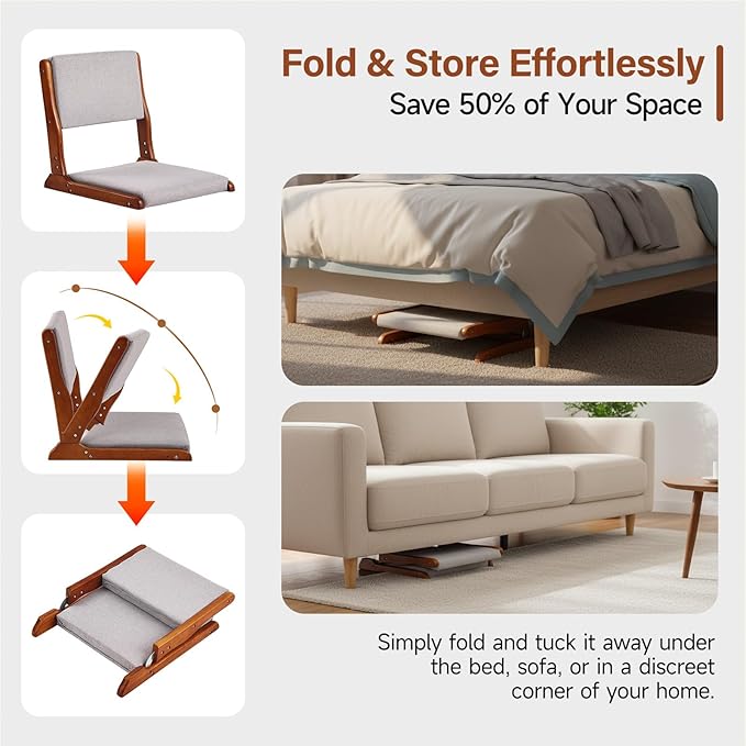 Tiita Foldable Tatami Chair, Japanese loor Chair, Wood Legless Back Rest Chairs with Cushion, Accent Meditation Floor Chairs Bay Window, Walnut Grey