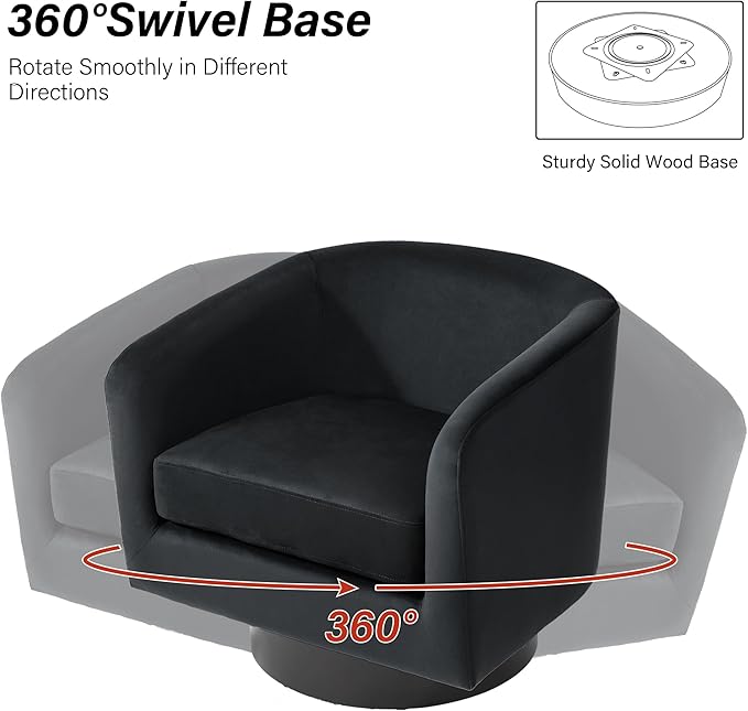 Swivel Barrel Chair, Modern Round PU Leather Accent Armchair for Living Room, Bedroom, Oversized Comfy Club Reading Chairs for Adults (Velvet Black, Set of 2)