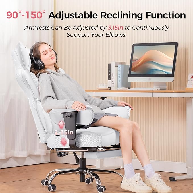 COMHOMA Desk Office Chair 400LBS Big and Tall Office Chairs Ergonomic Gaming Chairs with Wide Seat Leather High Back Chair with Foot Rest Adjustable Armrests Pocket Spring Lumbar Support