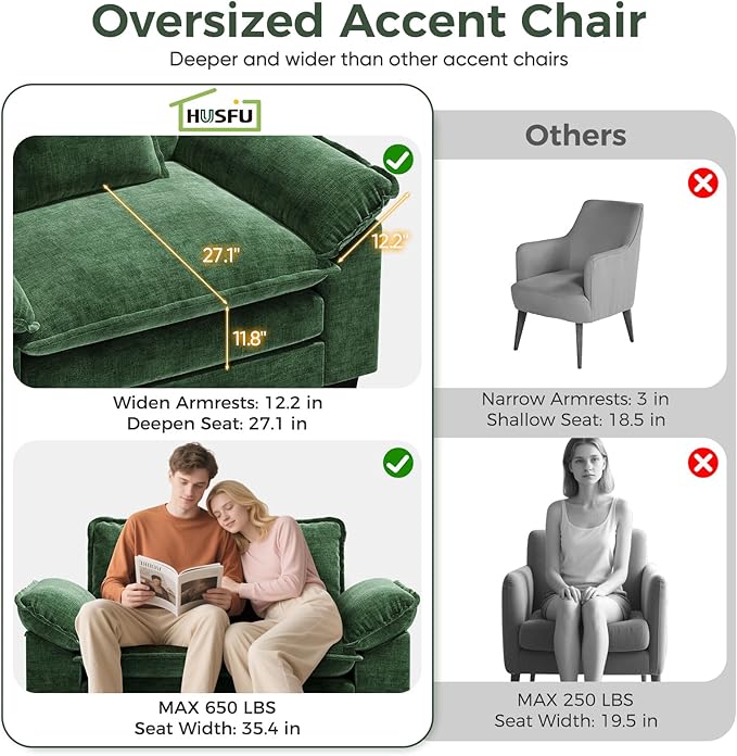 HUSFU Chenille Oversized Chair with Ottoman,49.5" Comfy Cloud Chair with Deep Seat and Extra Wide Armrests,Single Armchair for Bedroom, Living Room,Green