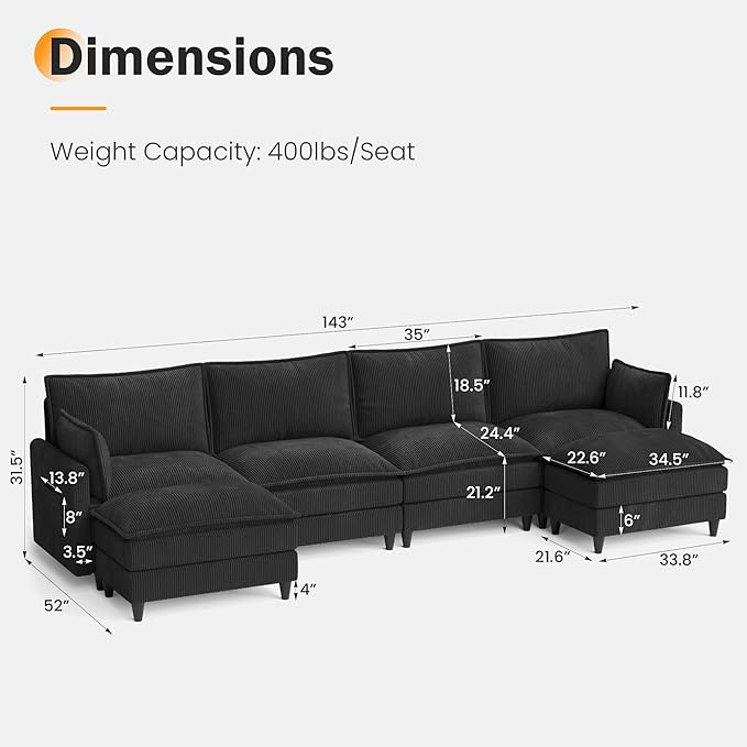 Apicizon 143" Cloud Sofa Sectional, 4-Seat Deep Couch with Ottoman, Modern U Shape Sectional Cloud Sofa Corduroy for Living Room, Apartment, Office, Black