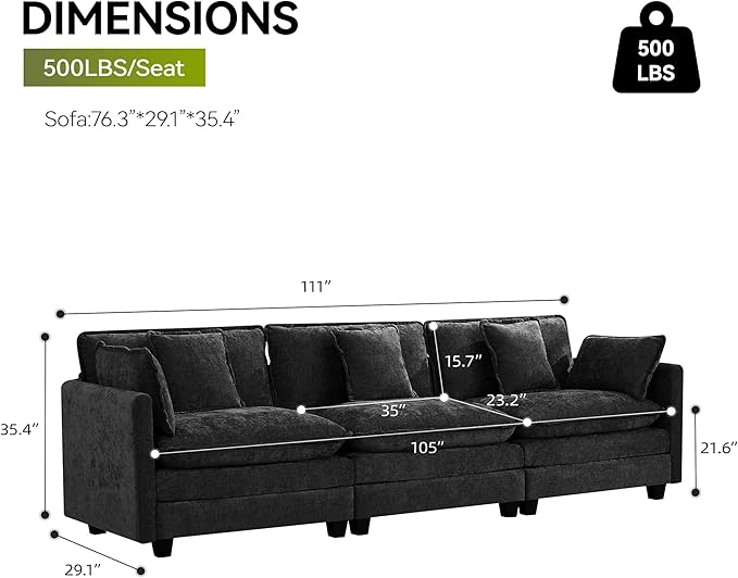 UMBFUN 3-Seater Cloud Couch, Oversized Modular Sectional Sofa with Deep Seat Soft Cushions, Comfy Chenille Couch for Living Room, Apartment & Family Space, Dark Grey