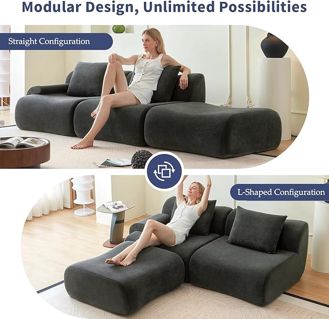 Cloud Couch Sectional,114"-Boneless Couch in a Box,Upholstered Couches for Living Room Bedroom with L-Shape Chaise,Modern Comfy Sofa-Cool Gray Couches,No Assembly Required