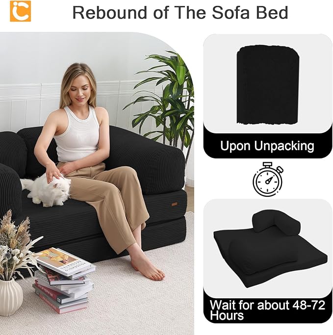 COMAX Futon Sofa Bed, 4-in-1 Floor Foldable Sofa Couch Bed with L-Shaped Armrests, Convertible Folding Chair Bed Sleeper Mattress Fold Out Lounge for Living Room Bedroom, Black