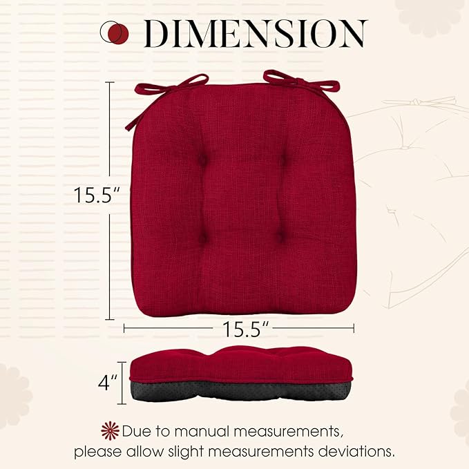 Basic Beyond Chair Cushions for Dining Chairs 4 Pack, Chair Cushion with Ties and Non Slip Backing, 15.5 x 15.5 inches Tufted Chair Pads for Dining Chairs(Red)