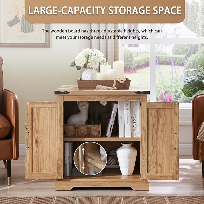 Barnyatoh Farmhouse Boho End Table with Charging Station, 24" Large Side Table with Rattan Barn Door, Rustic Wood Square Nightstand Bedside Table with Storage for Living Room, Bedroom, Natural 2-Pack