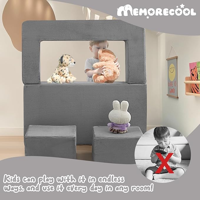 MeMoreCool Kids Play Couch Sofa – Grey Modular Convertible Foam Couch Soft Fold-Out Toddler Seating for Creative Play, Reading, Resting & Playroom Fun