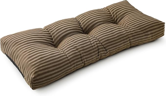 SUNROX LokGrip Non Slip Tufted Memory Foam Bench Cushion, FadeShield Water Resistant Durable Thicken Outdoor/Indoor Bench Seat Pads 42x16x4 inch, Cocoa Stripe