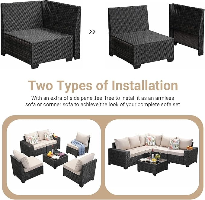 SunloungeCo Patio Furniture Set, 10 Pieces Outdoor Couch Sofa with Wider Armrests & Glass Coffee Table, Outdoor Sectional Furniture with Thick Cushions for Party, Poolside,Garden-Beige