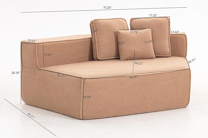 EPOFIT 1-Seater Teddy Fleece Modular Sofa Chair, Low-Profile Floor Seat with Wide Cushion and All-Foam Support, Right-Facing Design, Compressed Packaging – Brown