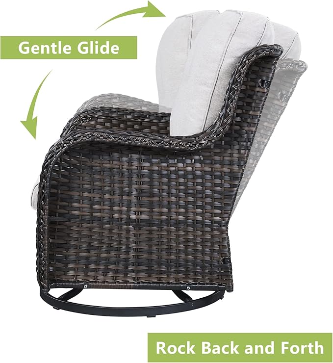 Rilyson Wicker Rocking Chair Swivel Chairs - 3 Piece Rocker Patio Furniture Set Rattan Rocking Bistro Sets with Glass Top Side Table for Outdoor Porch Deck Garden Backyard (Brown/Beige)