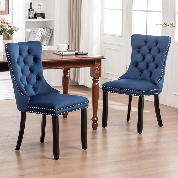 Kiztir Velvet Dining Chairs Set of 2, Upholstered Dining Chair with Nailhead Trim and Solid Wood Legs, Navy Luxury Wingback Dining Side Chair for Living Room, Bedroom, Kitchen (Blue)