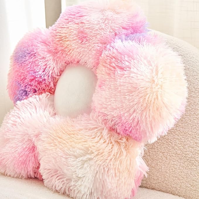 Faux Fur Pillow,Flower Shaped Throw Pillow Butt Cushion Flower Floor Pillow,Seating Cushion,Cute Room Decor & Plush Pillow for Bedroom Sofa Chair (Multi-Color, 19.7 Inches)