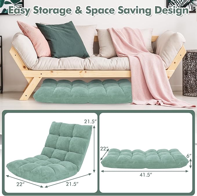 IFANNY Floor Chair with Back Support, Foldling Gaming Sofa Chair with Comfy Cushion, Adjustable 14-Position Meditation Chairs, Lazy Lounge Recliner Reading Seat for Adults, Kids (Green)