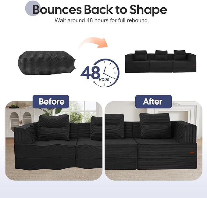 COMAX Futon Sofa Bed 3 Seater, 106" Convertible Sofa Bed Couches for Living Room, 4 in 1 Folding Boneless Sleeper Corduroy Couch Foam in a Box, Comfy Foldable Lounge Fold Out Floor Mattress, Black