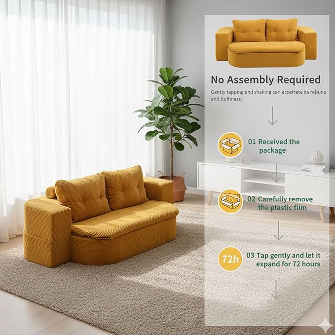 78.7" Convertible Sofa Bed Couch, Corduroy Upholstered Boneless Futon Loveseat Sleeper, Foldable Floor Sofa Chair with Pillows, Chaise Lounge for Living Room Bedroom Apartment, No Assembly Needed