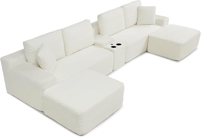 125” Oversized Modular Sectional Sofa, Deep Seat Corduroy Cloud Couch with Cup Holders, USB Ports & Storage Box, Sleeper Sofa Couch Boneless Couches for Living Room, No Assembly Required (Beige)