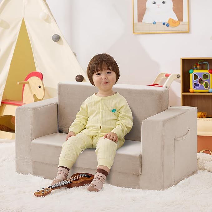 Kids Couch, 2-in-1 Toddler Chair Comfy 1-3 Years, Convertible Kids Chair, Toddler Couch That Fold Out, Kid Lounge Chairs for Boys and Girls, Soft Coral Fleece, Double, Beige