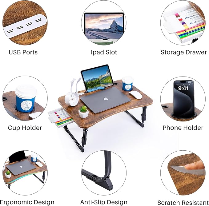 BYMECOST Laptop Desk for Bed, Height Adjustable Laptop Bed Table, Foldable Portable Lap Desk Stand with USB/Storage Drawer/Cup Holder/Slot, Breakfast Tray for Working Reading Writing Eating