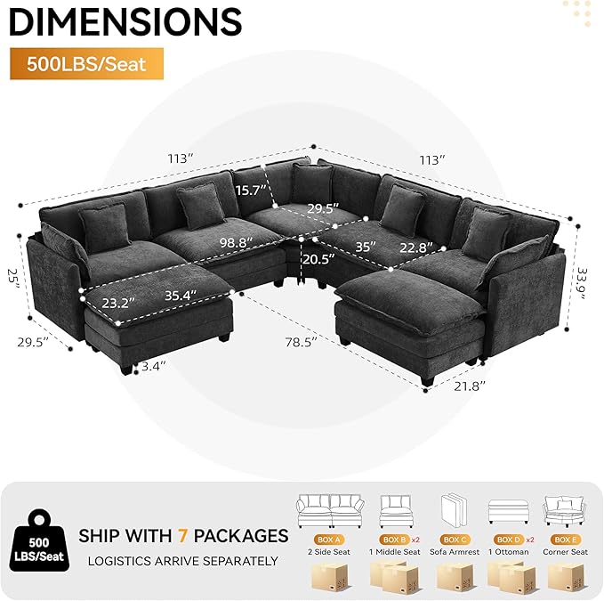 113'' V Shaped Cloud Sectional Sofa, Oversized Deep Seat Couches for Living Room, Chenille Comfy Upholstered Modular Sectional Sofa Couch with 2 Movable Ottoman, Dark Grey
