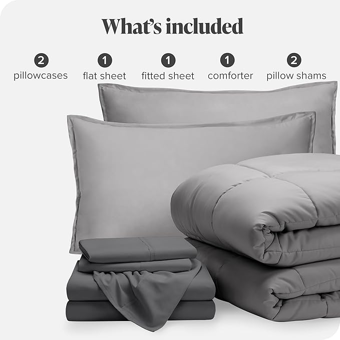 Bare Home Bed-in-A-Bag 7 Piece Comforter & Sheet Set - Full XL - Goose Down Alternative - Ultra-Soft 1800 Premium Bed Set (Full XL, Light Grey/Grey)