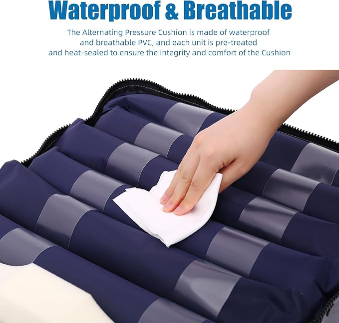 Alternating Pressure Seat Cushion for Wheelchairs with 24 Hour Air Pump Self Inflating Air Cell Cushion Pad for Pressure Relief Ulcer & Bed Sore Prevention Relieve Coccyx Tailbone Pain