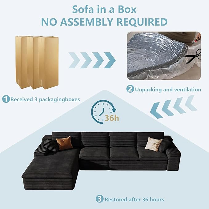 136" Cloud Sectional Couch with L-Shape Chaise, Modern Corduroy Viral Boneless Sofa for Living Room,Memory Foam Couches in a Box with Deep Seat,No Assembly Required (Black,Left-Facing Chaise)