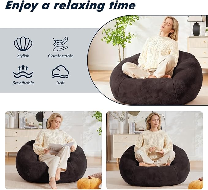 3.28 Feet Bean Bag Chair for Adults, Shell-Shaped Bean Bag Lazy Couch, Faux Fur Cloud Sofa Chair, Lounge Floor Sofa with Filler for Reading, Gaming & Watching, No Assembly Required (Black)