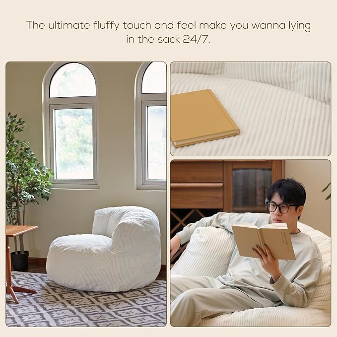 N&V Large Crescent Bean Bag Chair, Adult Size Bean Bag Sack, Foam Filling, Soft Premium Corduroy Bean Bag for Living Room Bedroom Dorm and Office (Tuscany)