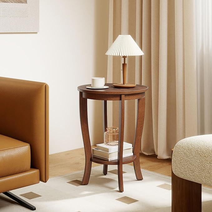 GOFLAME 2-Tier Round End Table, 18” Sofa Side Table with Storage Shelf, Floor Tea Table with Solid Wood Legs, Compact Nightstand for Small Space, Living Room, Bedroom, Walnut