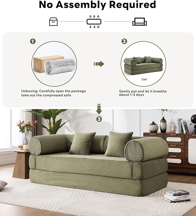 Tbfit 63'' Folding Boneless Couch, Convertible Loveseat Sofa Bed, Corduroy Futon Mattress Sleeper Sofa, Comfy Foldable Upholstered Floor Couches for Living Room, Green