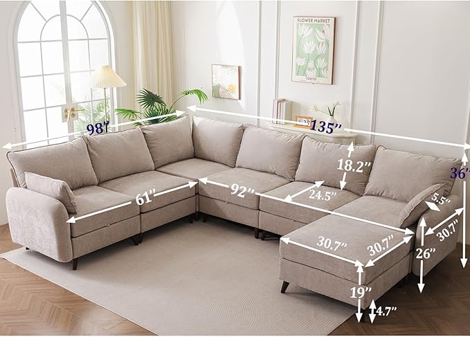 Rexulqo 135'' Modular Sectional Sofa with Storage Seat,Oversized U Shaped Couch with Ottoman,7 Seater Couches for Living Room,Bedroom,Velet,Khaki
