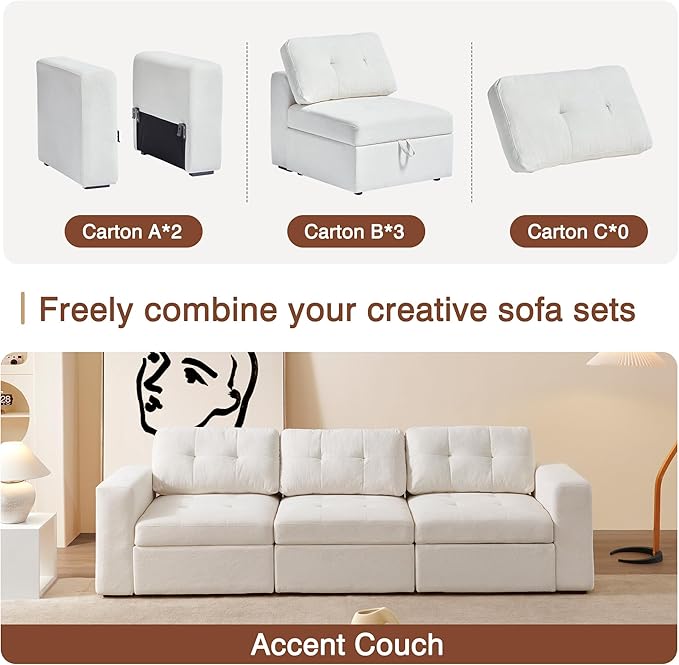 ORRD Modular Sectional Couch, Convertible Sofa with Storage, 3 Seater Sofa Modular with Reversible Chaise for Living Room, Office (Beige White)