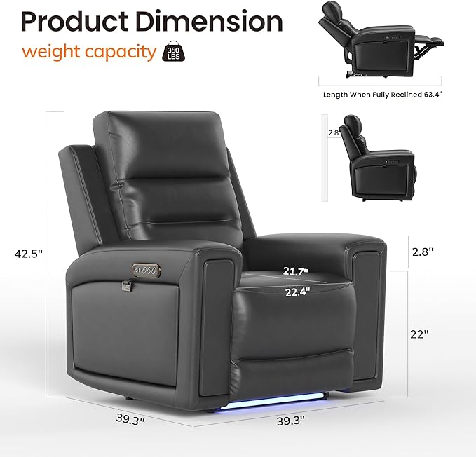 COLAMY Aura Triple Motors Power Recliner Chairs with USB and Type C Port, Home Theater Chair with LED Lights, Electric Wall Hugger Recliner for Living Room, Black