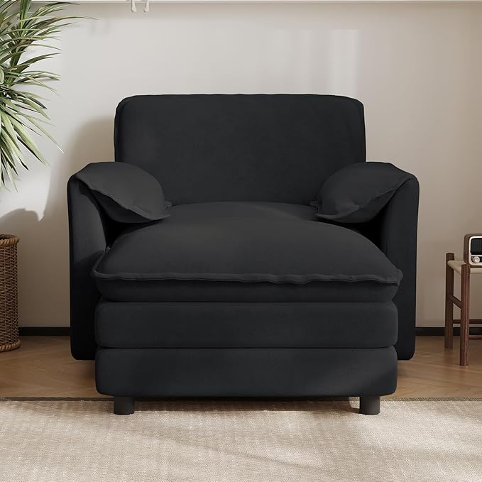 DAMAIFROM Oversized Chaise Lounge Chair Indoor with Ottoman, Firm Solid Wood Frame with Long Service Life Chenille Oversized Lounge Reading Chair for Study Room - Black