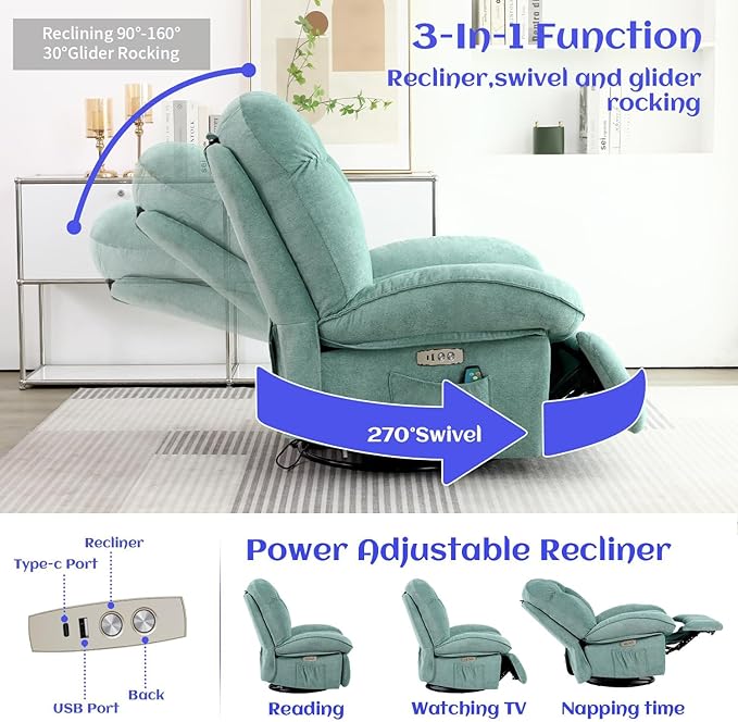 EDWELL Green Massage Swivel Recliner Chair, Oversized Rocker Recliner with Heated, Vibration Massage and Lumbar Heat Ergonomic Rocker Chair for Adults with Side Pocket, USB Charge Port