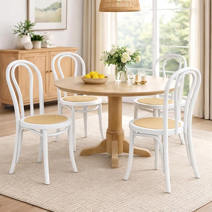 DM Furniture Rattan Dining Chairs Set of 2 Mid-Century French Bistro Chairs Solid Bentwood Wedding/Cafe Chairs with Backrest for Dining/Kitchen Room No Assembly Required, Home, White