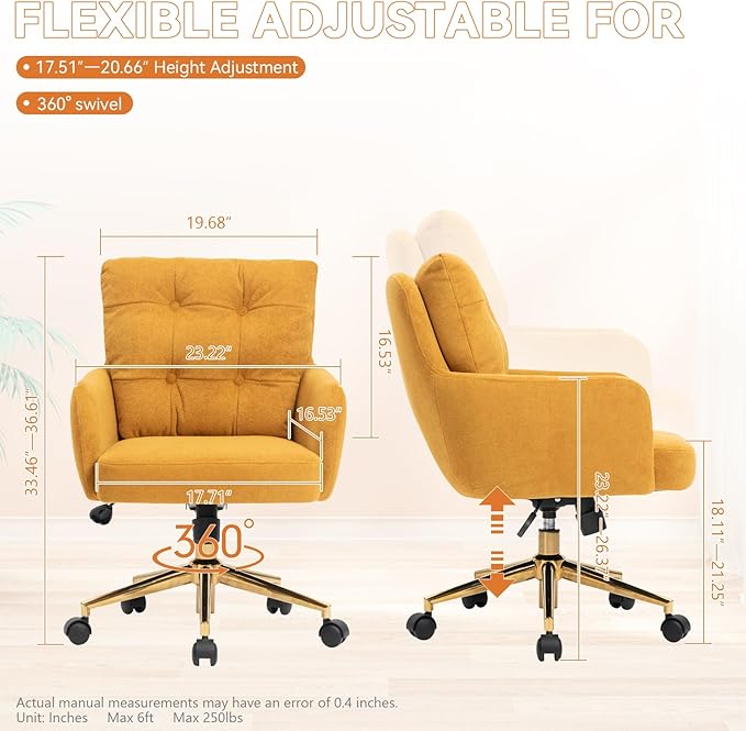 BALIAA Flannel Office Chair, Comfy Home Office Desk Chairs with Lumbar Support, Modern Velvet Desk Chair Gold Legs Small Swivel Task Chair for Home Office, Bedroom, Study (Yellow, L)